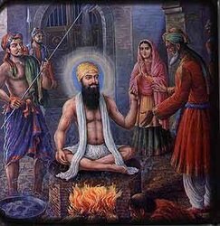 Guru Arjan Devji Sahib sitting on a burning plate as torture by the Moghuls