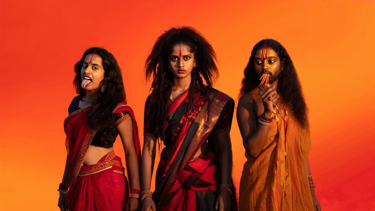 Goddess Chamunda, the raw and untamed manifestation of Durga, stands surrounded by birds and beasts, holding the decapitated heads of Chanda and Munda in her hands