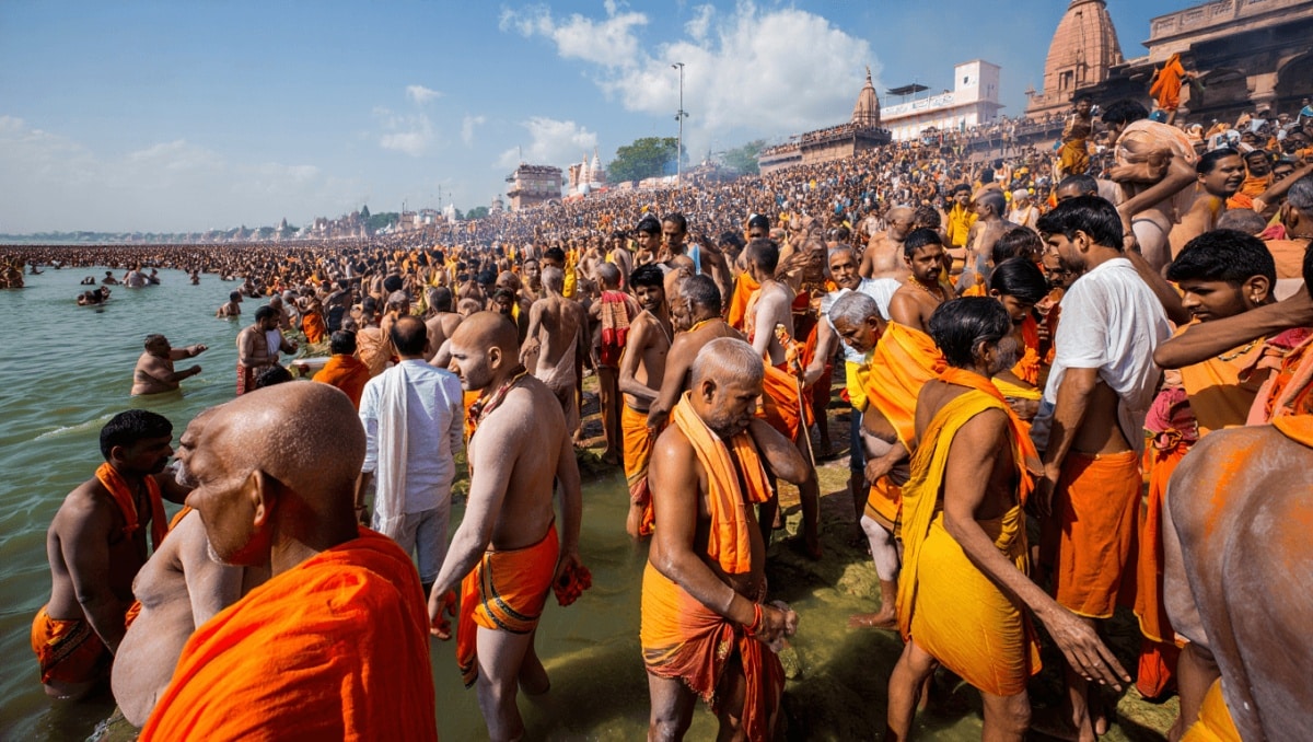 A woman praying while standing in the water at the 2025 Kumbh Mela, Prayagraj, India