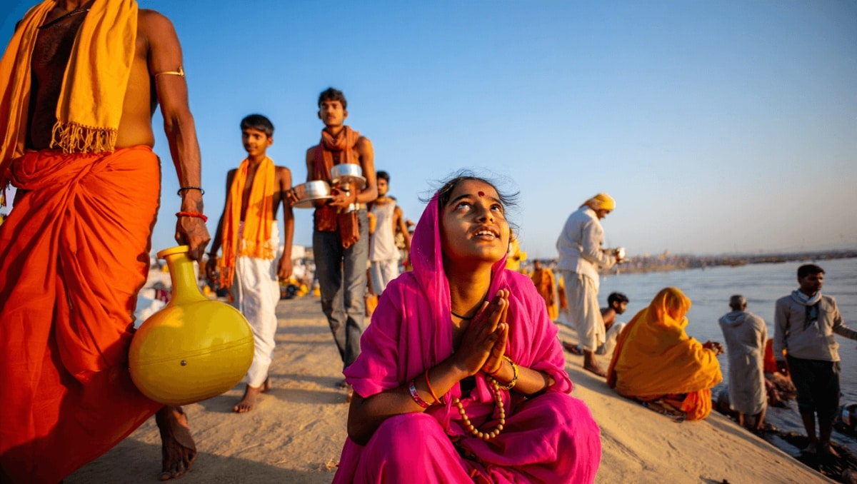 Sadhvi Bhagawati speaks to a crowd at the 2025 Kumbh Mela, Prayagraj, India