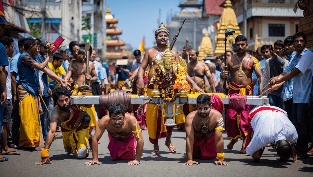 A bustling Thaipusam procession winds through the streets of Malaysia, anchored by the ornate silver chariot carrying Murugan, the “icon of war.”