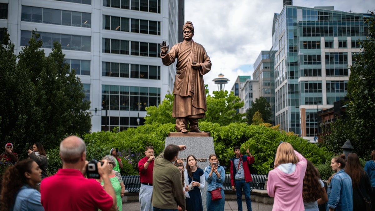 Swami Vivekananda Monument installed in downtown Seattle TNN / Apr 12, 2026, 11:13 (IST) Seattle has made history by becoming the first U.S. city government to host a life-size statue of Swami Vivekananda. Unveiled at Westlake Square, the bronze monument, a gift from India, signifies Seattle's inclusive spirit and strengthens cultural ties. Dignitaries and community leaders attended the ceremony, celebrating this unique Indo-American cultural exchange.