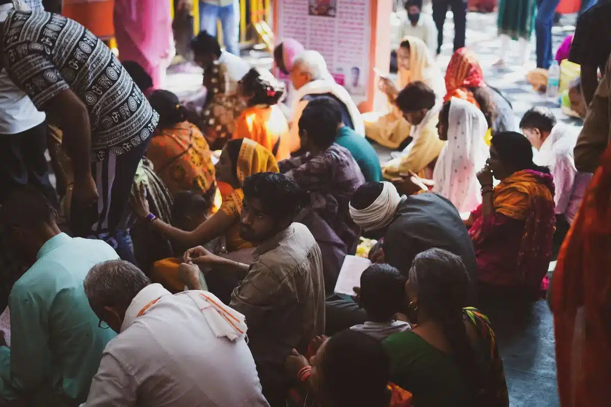 People gathered at a temple for worship and community activities