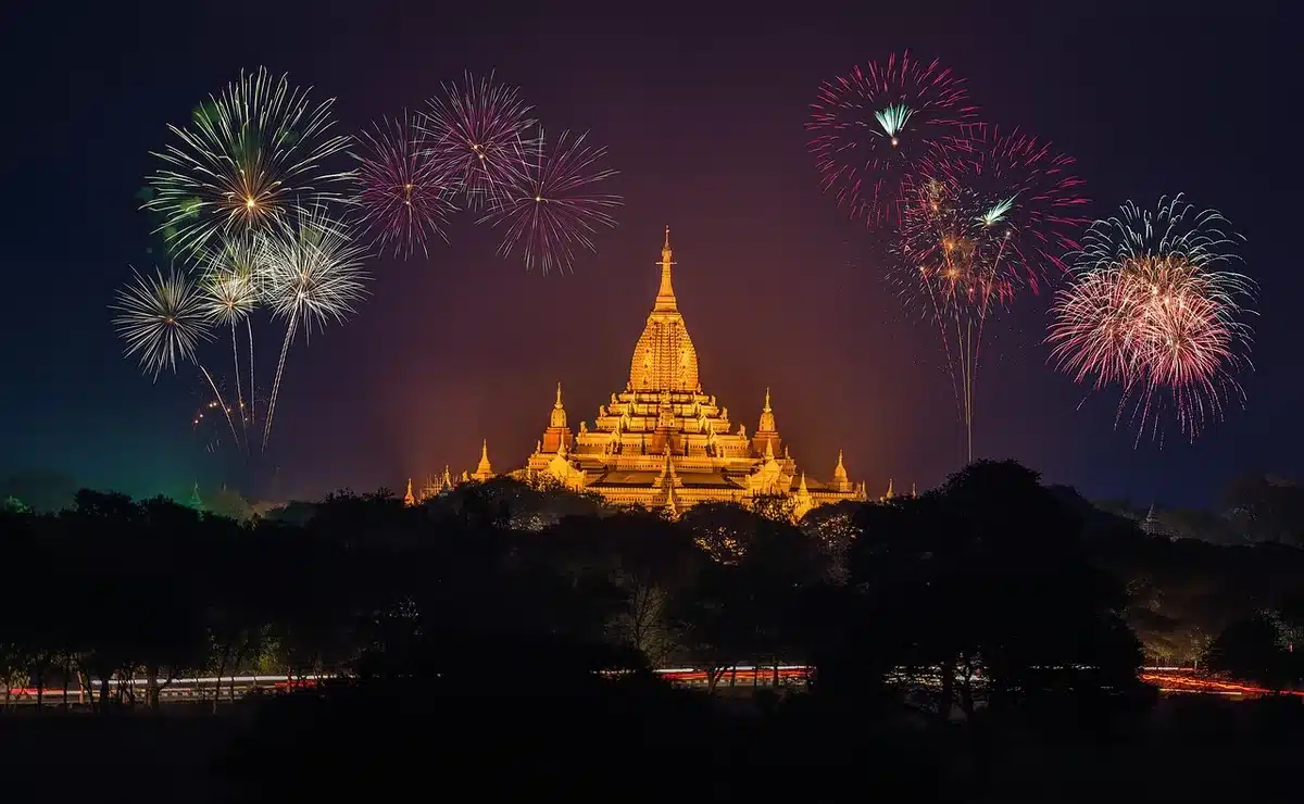 Ancient Buddhist temple and stone monuments at heritage pilgrimage site