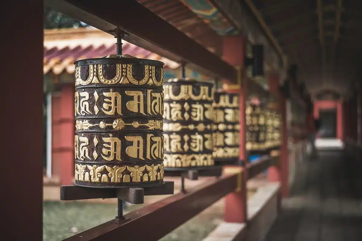 Row of oil lamps and marigold petals in a temple corridor, anonymous devotees present