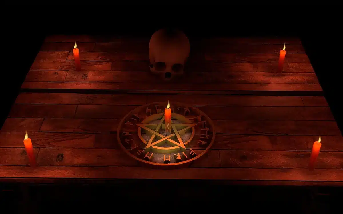 Simple ritual altar with small offerings and a lamp
